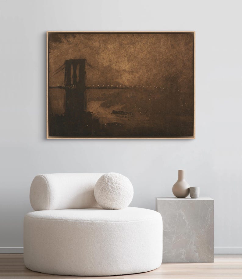 May include: A sepia-toned painting of the Brooklyn Bridge at night, with the bridge silhouetted against a dark sky. The water below the bridge is dark and still, with a few lights reflecting on the surface.