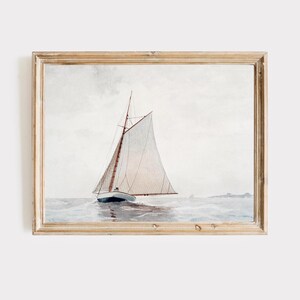 Vintage zeilboot aquarelprint | Kunst kust zeegezicht | Digitale download