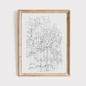 建築スケッチプリント | 古典建築アート | ダウンロード可能なウォールアート | 詳細な建物図面 | 柱の図面