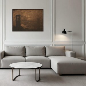 May include: A sepia-toned photograph of the Brooklyn Bridge at night, with the city skyline in the background. The bridge is silhouetted against the dark sky, and the lights of the city are reflected in the water.