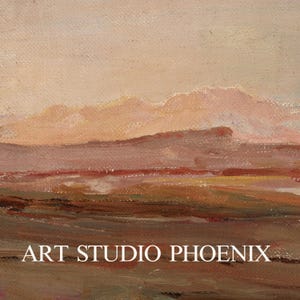 May include: An abstract landscape painting with a warm color palette. The artwork features a blend of earthy tones, including browns, oranges, and pinks, with a textured appearance. The text "ART STUDIO PHOENIX" is at the bottom.