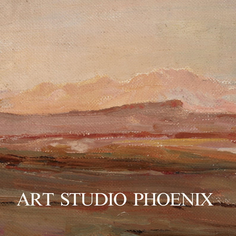 May include: An abstract landscape painting with a warm color palette. The artwork features a blend of earthy tones, including browns, oranges, and pinks, with a textured appearance. The text "ART STUDIO PHOENIX" is at the bottom.