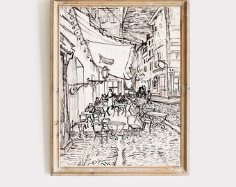Vintage Van Gogh Sketch Print | Cafe Terrace at Night, Parisian Wall Art | Dark Academia Decor | Digital Download