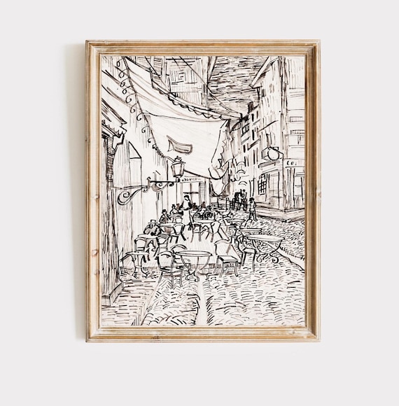Vintage Van Gogh Sketch Print | Cafe Terrace at Night, Parisian Wall Art | Dark Academia Decor | Digital Download