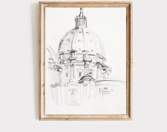 Vintage schets van de Sint-Pietersbasiliek |  Tekening Vaticaanse koepel | Architectonische muurkunst Rome | Digitale download