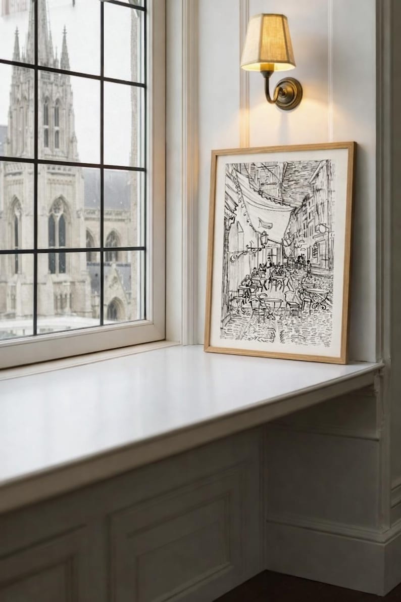 Vintage Van Gogh Sketch Print | Cafe Terrace at Night, Parisian Wall Art | Dark Academia Decor | Digital Download image 6