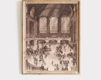 Grand Central Station skisstryck, vintage New York City väggkonst, NYC tågterminal arkitekturdekor, sepia Manhattan digital nedladdning