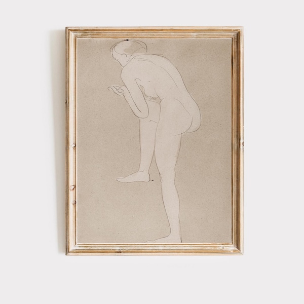 Antique Nude Drawing | Vintage Beige Sketch Art | Bathroom Decor | Printable Downloadable Wall Art | Minimalist Woman Instant Download