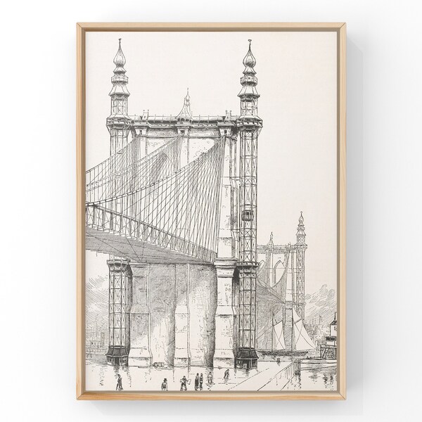 Vintage Black and White New York City Sketch, Antique architecture drawing, Brooklyn Bridge Skyscraper Poster Digital Print