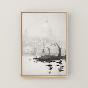 St Paul&#39;s Cathedral Print | London Skyline Art Download | Rainy Day Etching Thames River Wall Decor Printable Art England UK Travel Souvenir
