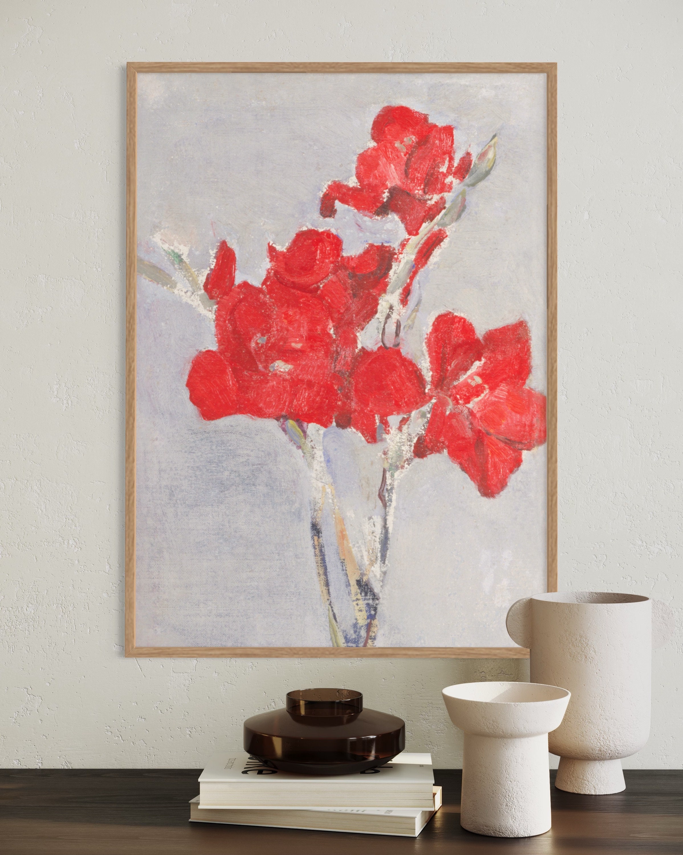 Red Flowers Art Vintage Wall Art Antique Wall Decor Modern Farmhouse