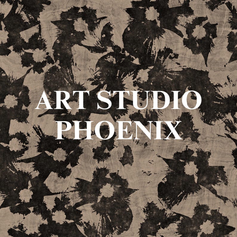 May include: A brown and black abstract art print with the text "ART STUDIO PHOENIX" in white.