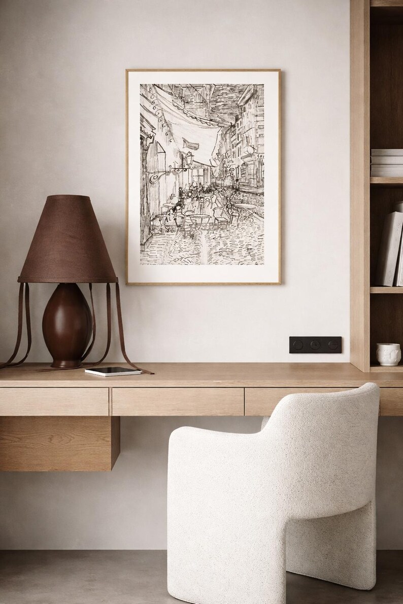 Vintage Van Gogh Sketch Print | Cafe Terrace at Night, Parisian Wall Art | Dark Academia Decor | Digital Download image 3