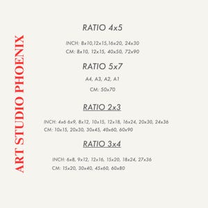 May include: A white background with black text listing different ratios for printing, including 4x5, 5x7, 2x3, and 3x4. The text includes inch and centimeter measurements for each ratio.