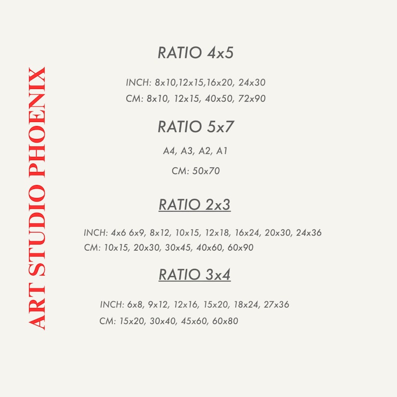May include: A white background with black text listing different ratios for printing, including 4x5, 5x7, 2x3, and 3x4. The text includes inch and centimeter measurements for each ratio.