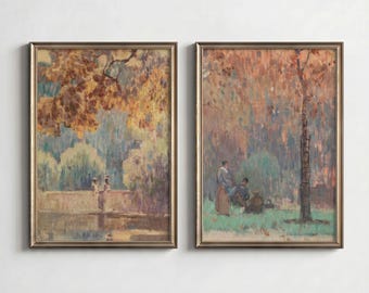 Vintage Post-Impressionist Park and Lakeside Print Set of 2, French Country Wall Art, Antique Plein Air Painting, Neutral Digital Download