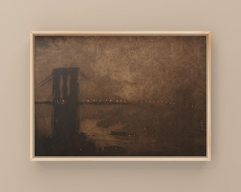 Vintage Brooklyn Bridge Print, NYC Nocturne Art, Dark Academia Wall Art, Old Money Manhattan, Digital Download
