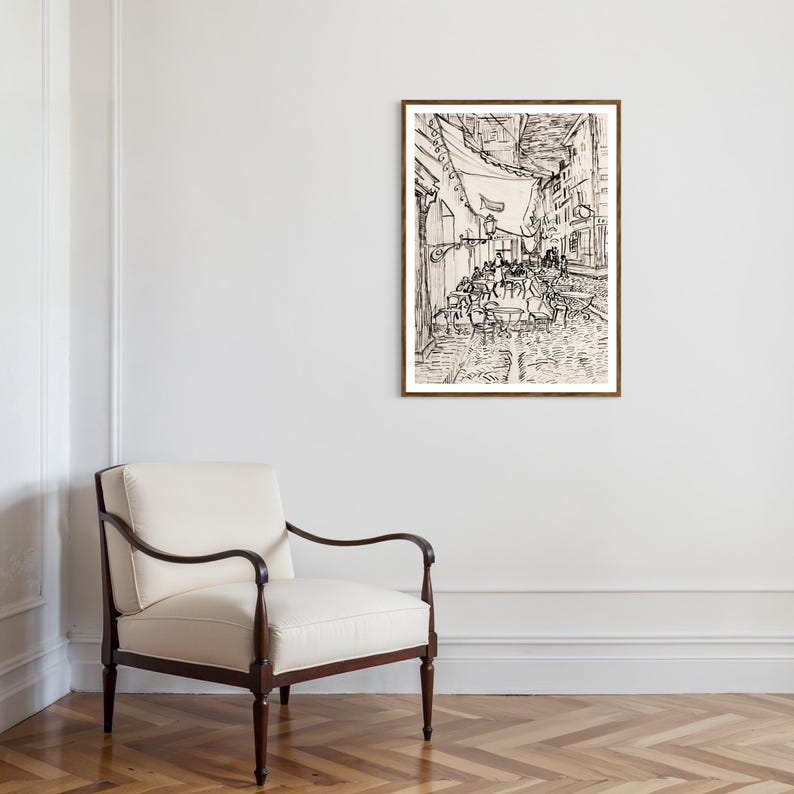 Vintage Van Gogh Sketch Print | Cafe Terrace at Night, Parisian Wall Art | Dark Academia Decor | Digital Download image 12