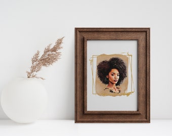 African American woman watercolor portrait, Black woman watercolor art, natural hairstyle Black woman art, digital download, fashion prints