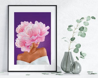 Floral head woman art, medium skin tone woman art, luxury fashion art, woman portrait art print, digital download, glam woman printable art