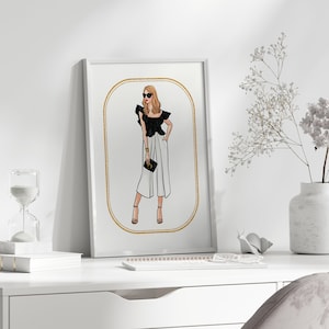 Fashion illustration woman art, black white outfit fashion art, dressing room art, digital download, fashion wall art printable, office art