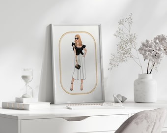 Fashion illustration woman art, black white outfit fashion art, dressing room art, digital download, fashion wall art printable, office art
