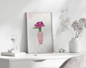 Può includere: Un'illustrazione ad acquerello di un flacone di profumo rosa con una rosa rosa in cima. Il flacone è etichettato "Oh Lola! Marc Jacobs". Lo sfondo è rosa chiaro con pennellate bianche.