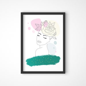 Linie Illustration Wandkunst, Frau Linie Kunst floral, digitaler Download, Linie Kunst Zeichnung Petrol, Linie Zeichnung weibliche Kunst, Linie Zeichnung printable