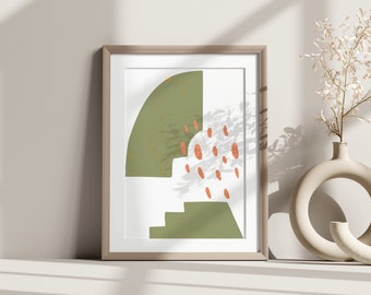 Könnte beinhalten: Ein gerahmter abstrakter Druck mit einem geometrischen Design in Grün und Orange. Der Druck zeigt einen grünen Halbkreis mit orangefarbenen Punkten und eine grüne Treppenform.