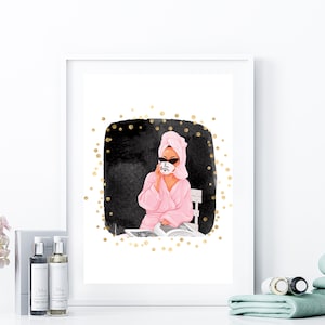 Spa queen wall art, tea queen wall decor, pink robe woman art, digital download, fashion printable, fair skin woman spa art, spa decor art