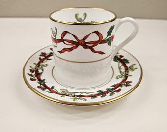Royal Worcester England Holly Ribbons Flat Demitasse Cup & Saucer