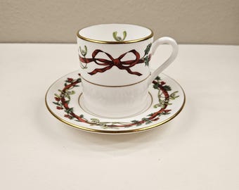 Royal Worcester England Holly Ribbons Flat Demitasse Cup & Saucer