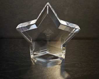 Orrefors Caduceus Etched Crystal Star Paperweight Signed in Original Box