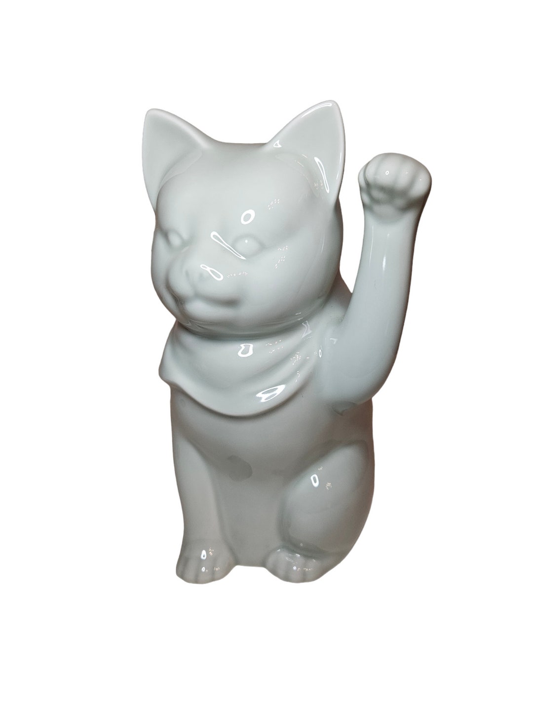 Vintage GUMPS Japan Lucky Cat Celadon Ceramic Statue With Original Tag