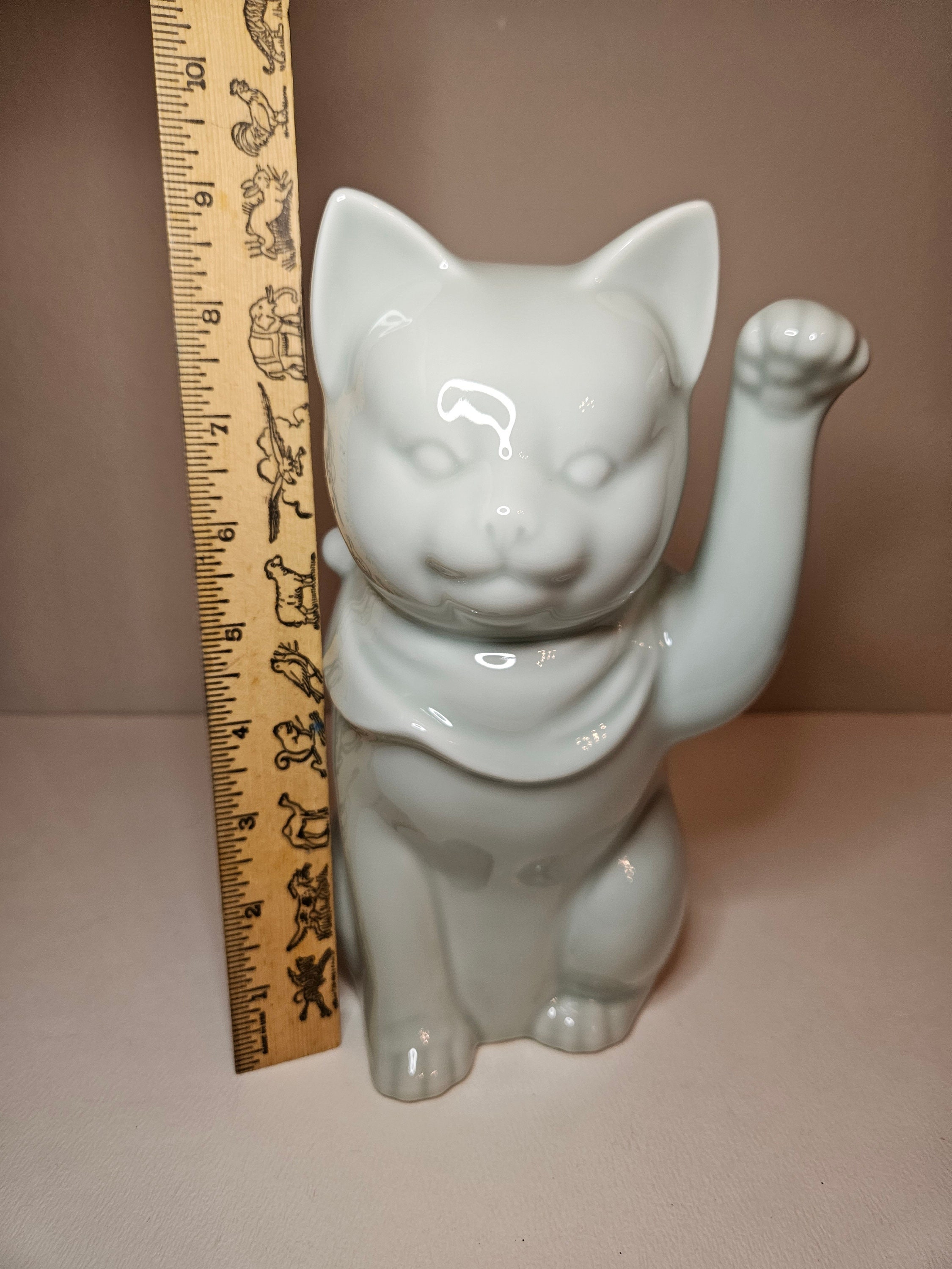 Vintage GUMPS Japan Lucky Cat Celadon Ceramic Statue With Original Tag