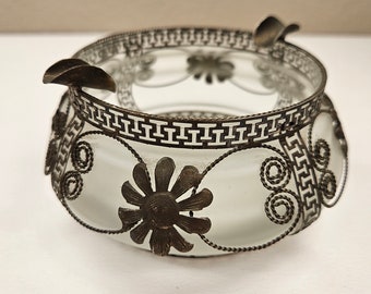 Vintage Frosted Art Glass Ashtray with Silver Filigree