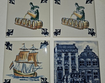 4 KLM Airlines Business Class Blue Royal Delft Tile Coasters in Original Packaging 1980s