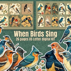 Quand les oiseaux chantent, 26 pages imprimables en lettre US 300 dpi (téléchargement instantané) pour projet de bricolage, scrapbooking, JunkJournal, oeuvre d'art de la collection Memories