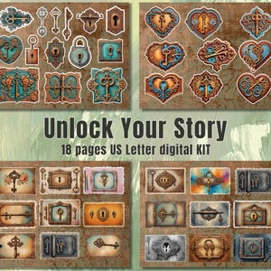 Può includere: Kit di scrapbooking digitale con 18 pagine di chiavi, serrature e cuori in stile vintage. Il kit è progettato per carta di formato US Letter e include il testo "Unlock Your Story".