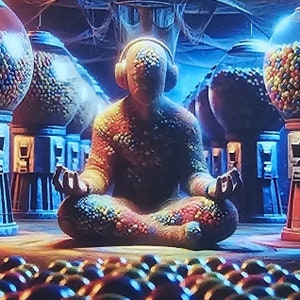 Könnte beinhalten: Eine farbenfrohe, menschenähnliche Figur sitzt in meditativer Pose mit Kopfhörern auf. Die Figur ist umgeben von Gummibärchenautomaten, die mit bunten Gummibärchen gefüllt sind. Die Figur ist mit bunten Gummibärchen bedeckt.