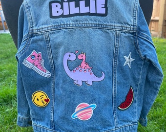 PERSONALISED DENIM JACKET. Patch kids jacket. These cute jean jackets can be personalised by adding your child name and a desired theme.