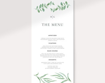 Greenery Wedding Menu Template, Printable Template, Elegant, Simple Wedding Menu with Border, Fully Editable Menu, Instant Download