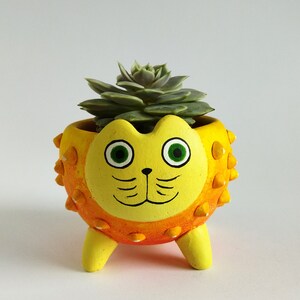 Pode incluir: Um vaso de cerâmica amarelo e laranja em forma de gato, com olhos verdes e costas espinhosas. O vaso tem pernas curtas e contém uma pequena planta suculenta verde.