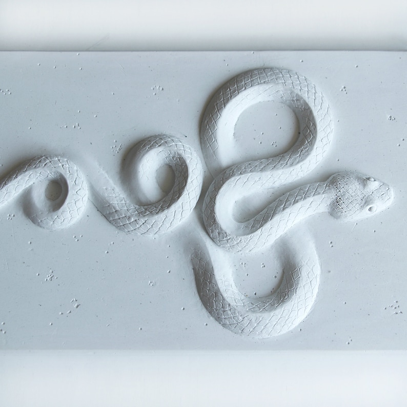 Op de afbeelding: Een witte, getextureerde, rechthoekige wandplaquette met een reli&euml;f, driedimensionaal ontwerp van een slang. De slang is opgerold en heeft een getextureerd, schubbig oppervlak.