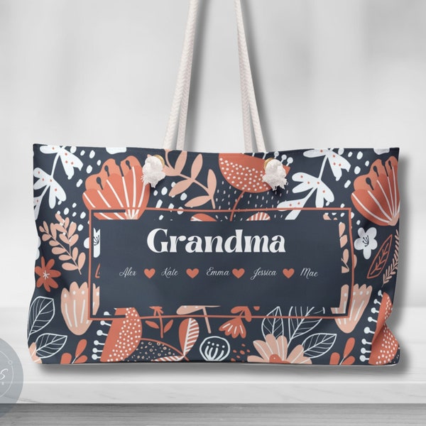 Personalized Grandma Gift With Grandkids Name,Weekender Bag For Women, Mom Gift for Mother's Day, Birthday Gift Mom,Mimi Gigi Nana Lola Gift