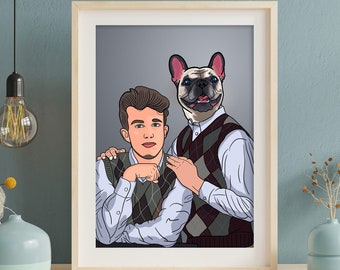 Personalized Step Brothers Cartoon From Photo Family Portrait with Best friend Pet funny Memories Illustrated Art Print
