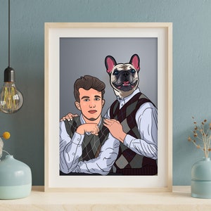 Personalized Step Brothers Cartoon From Photo Family Portrait with Best friend Pet funny Memories Illustrated Art Print