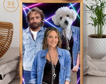 Weird Family, friends Portrait | Denin + 80's Lazer Retro | Funny poster | Human Portrait | Classic Laser | Christmas Gift | Pet poster