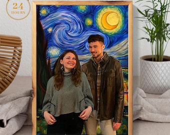 Custom Couple + Van Gogh Starry Night Portrait | Oil Paint painting | Valentines Gift | Couple Portrait | Wedding Gift  | Gift for Family