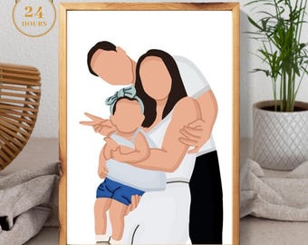 Family Faceless Portrait Print, Custom illustration, personalized Family friend photo, photo illustration, personalized photo, Family gift